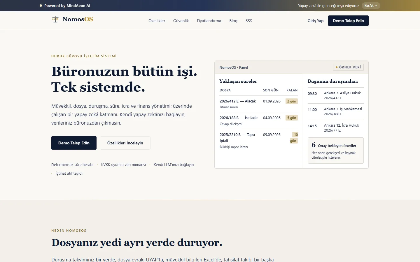 NomosOS panel ekranı: yaklaşan süreler ve günün duruşmaları