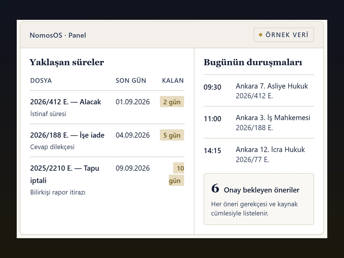 NomosOS panel: yaklaşan süreler ve duruşmalar